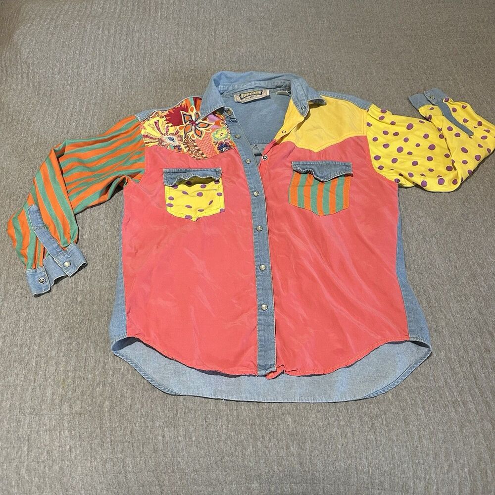 Vintage Y2K 90’s Hype Multicolor Patchwork Denim Festival Long Sleeve Button-Up
